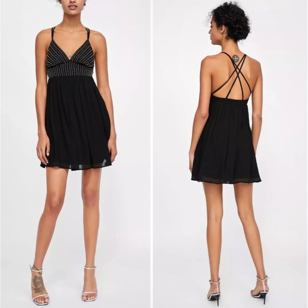 Zara Basic Black Beaded Tulle Sparkly Mini Dress Size M